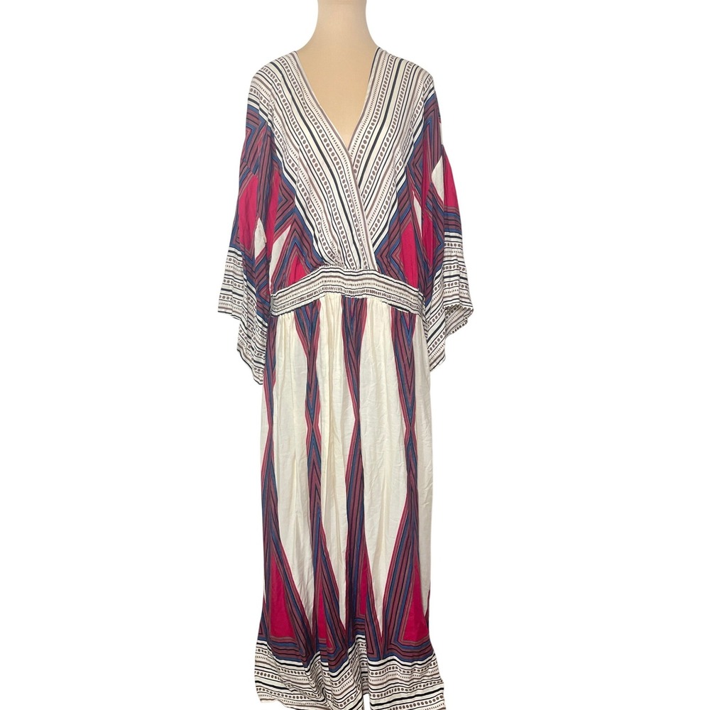 BLOOMCHIC Maxi Dress Geometric Boho V Neck Smocked Waist Cream Red Blue 22/24
